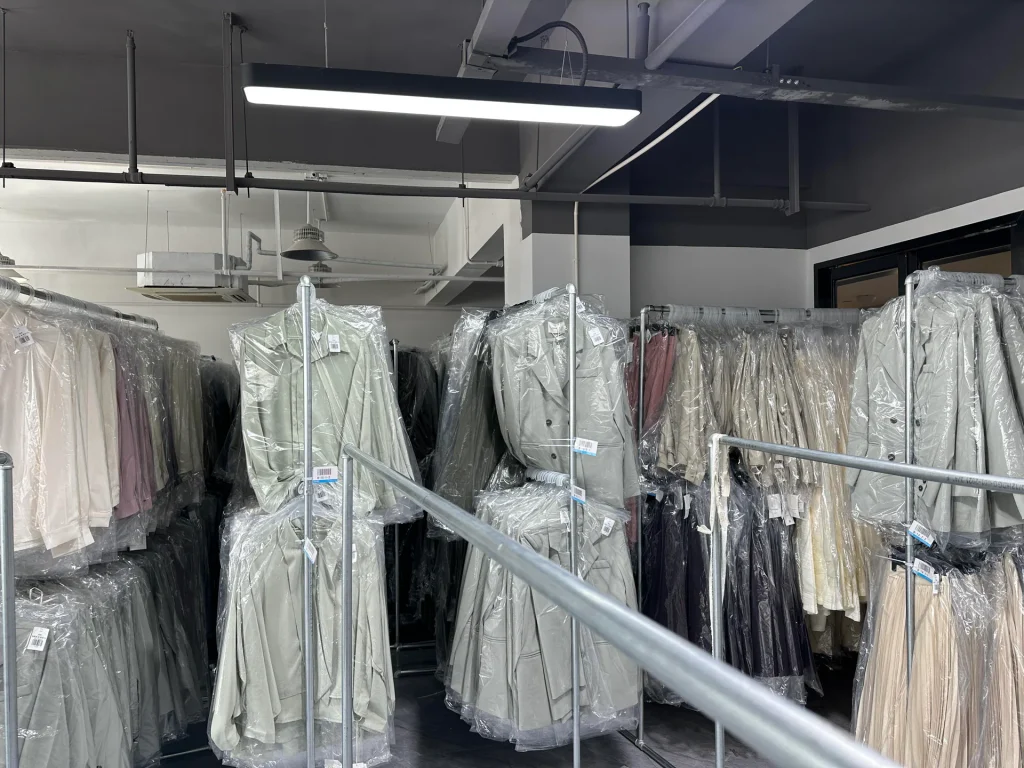 Finished garments prepared for inspection